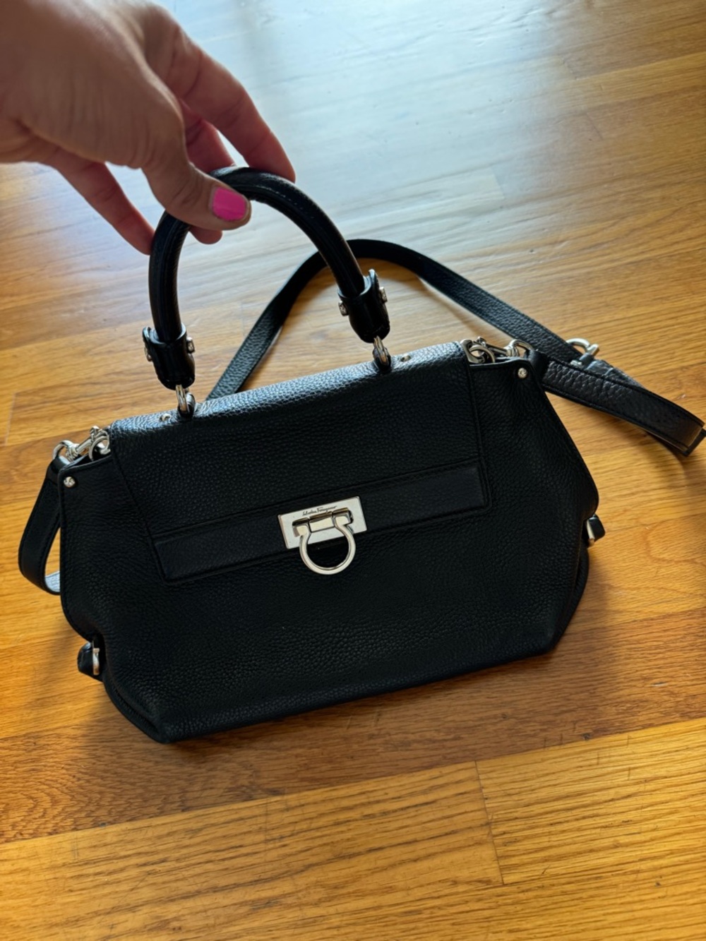 Salvatore Ferragamo Black Pebbled Leather Top-Handle Satchel Sofia
